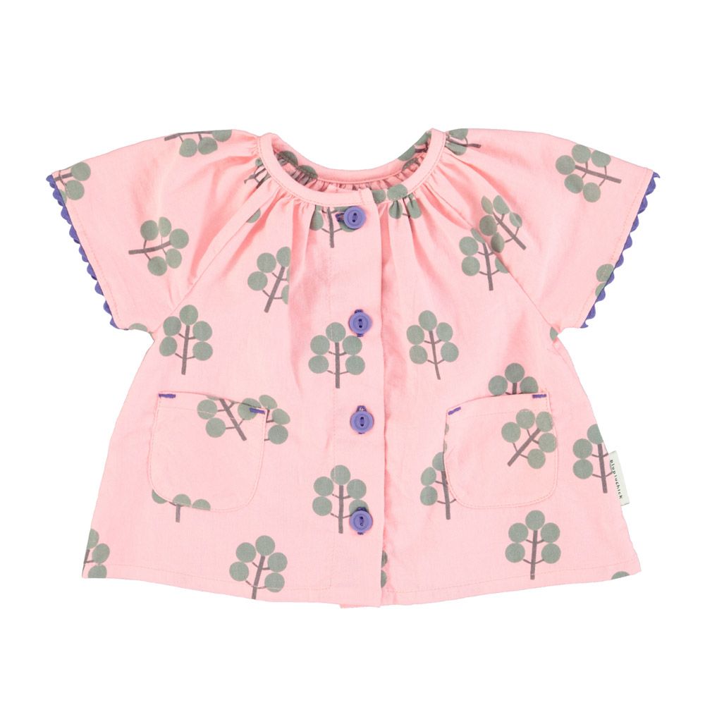 Blouse w/ Butterfly Sleeves in Pink w/ Green Trees