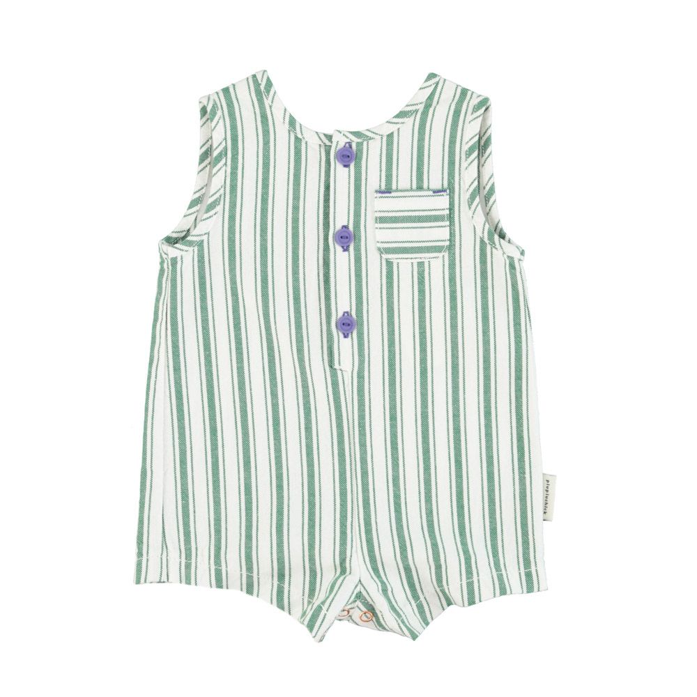 Baby Short Jumpsuit in White w/ Large Green Stripes