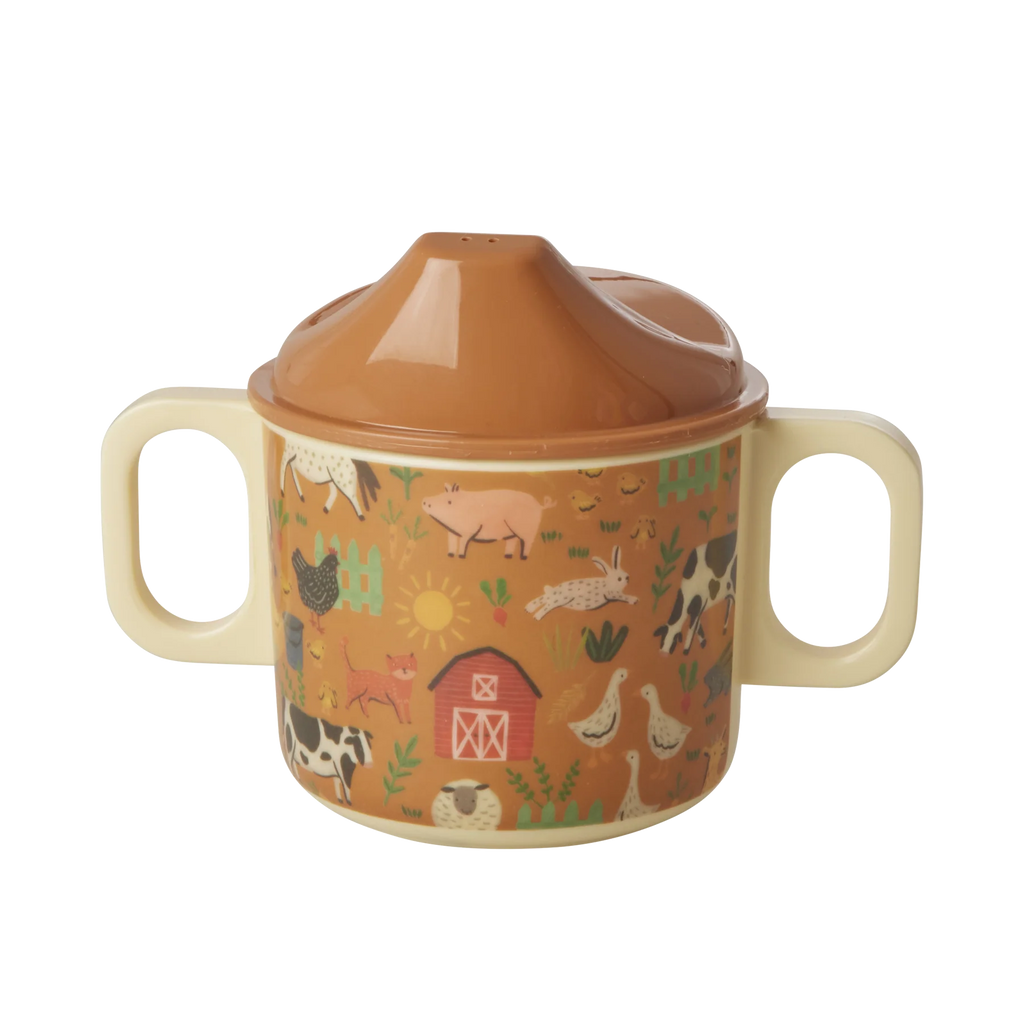 Two Handle Cup with Lid in Farm Print - Brown