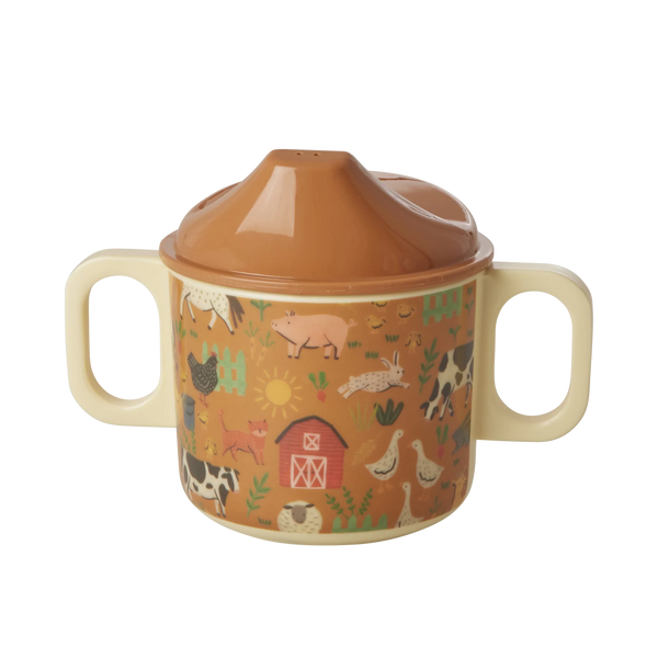 Two Handle Cup with Lid in Farm Print - Brown
