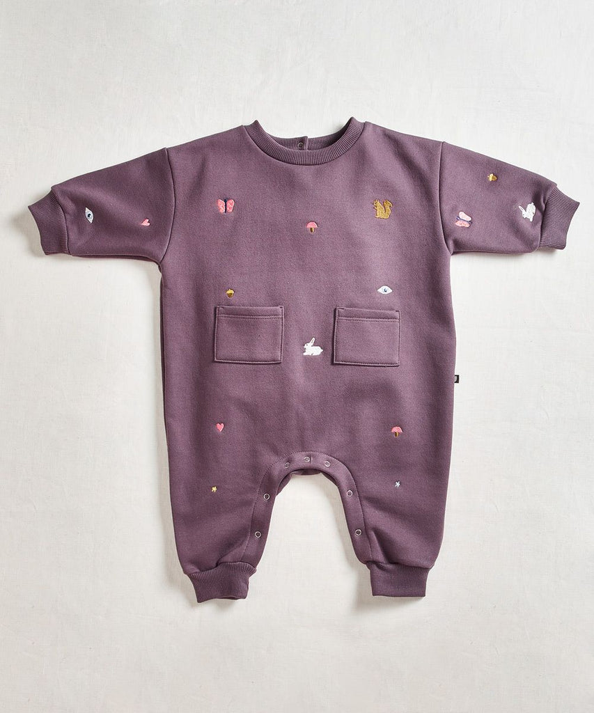 Embroidered Terry Romper in Raisin