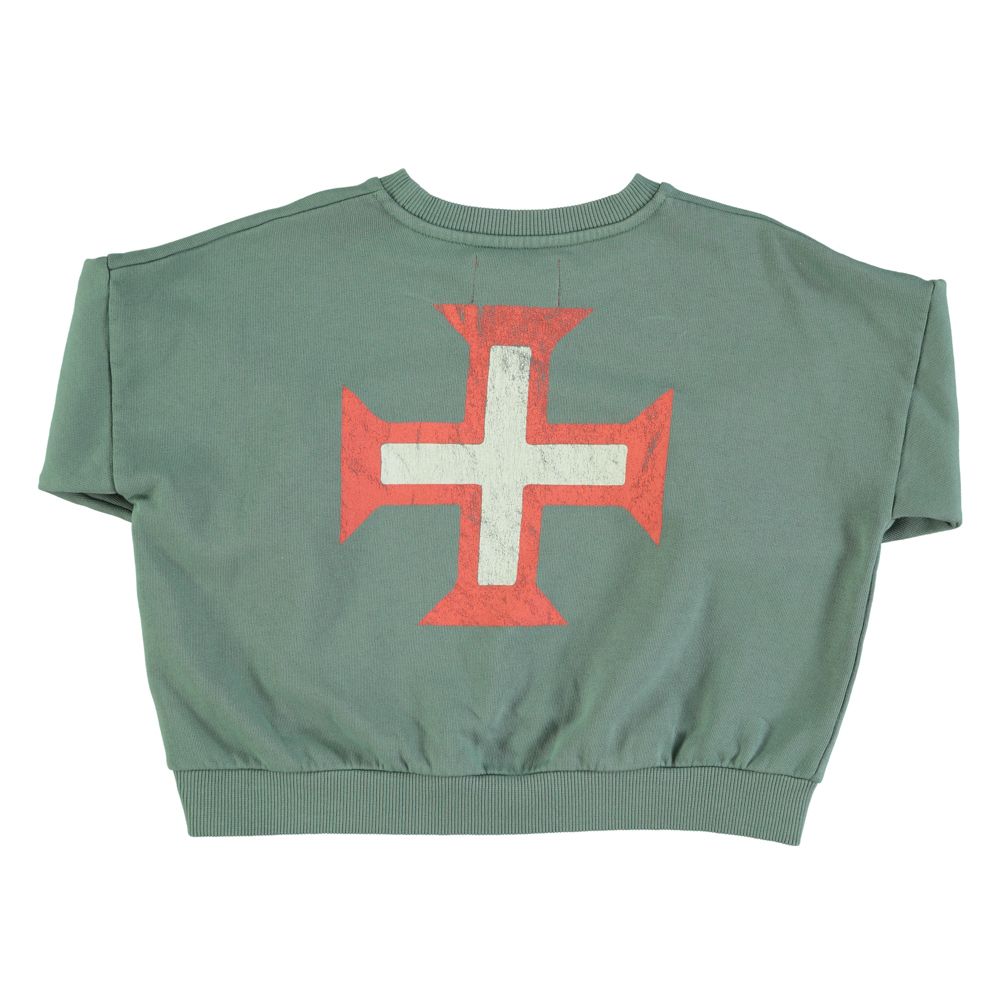 Sweatshirt in Green w/ "Red Cross" Print