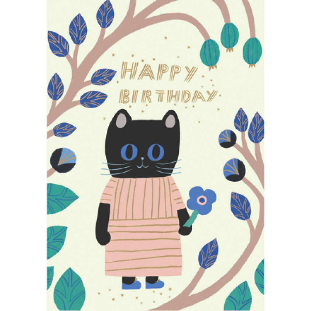 Birthday Card with Cat and Flowers