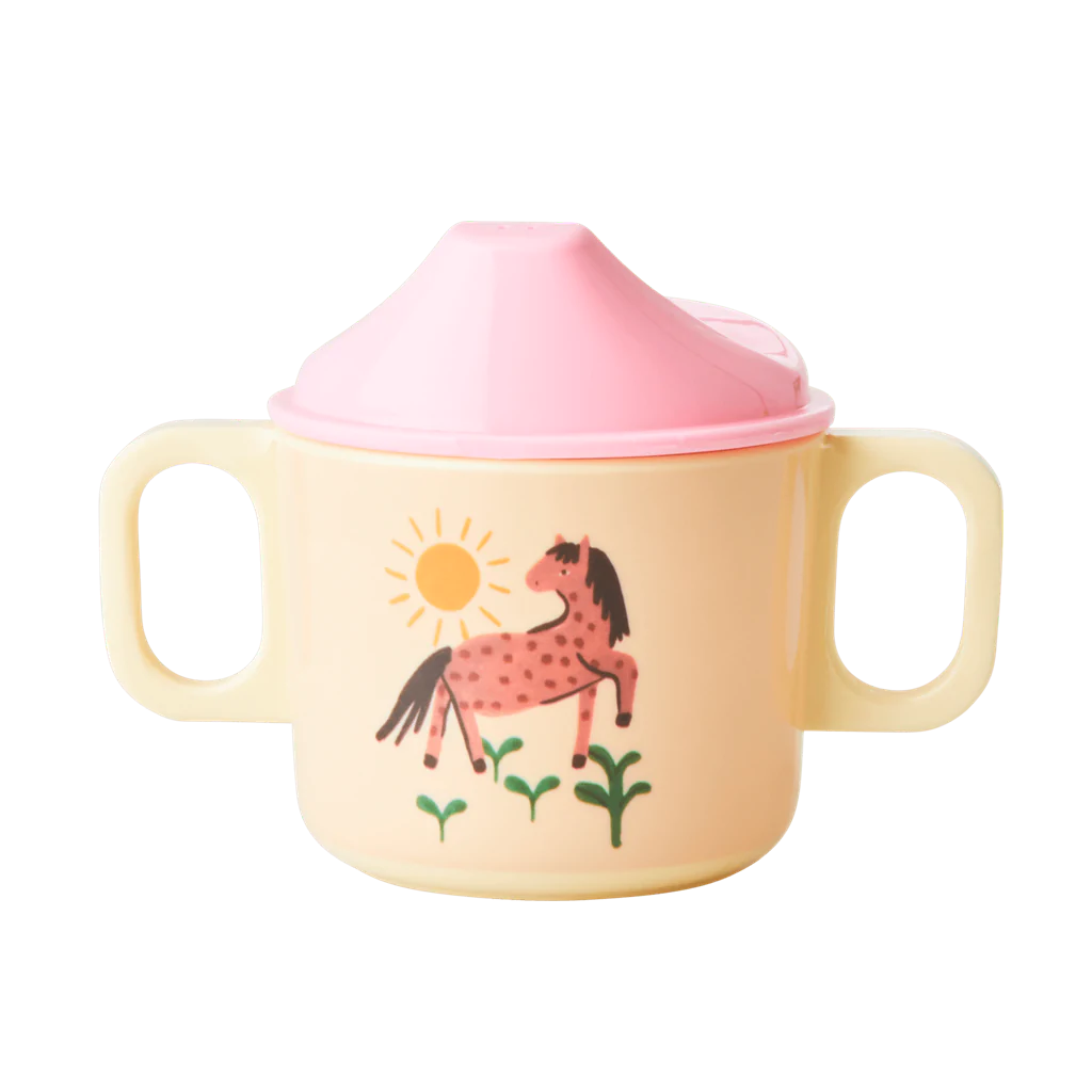 Two Handle Cup with Lid in Pink Farm Print