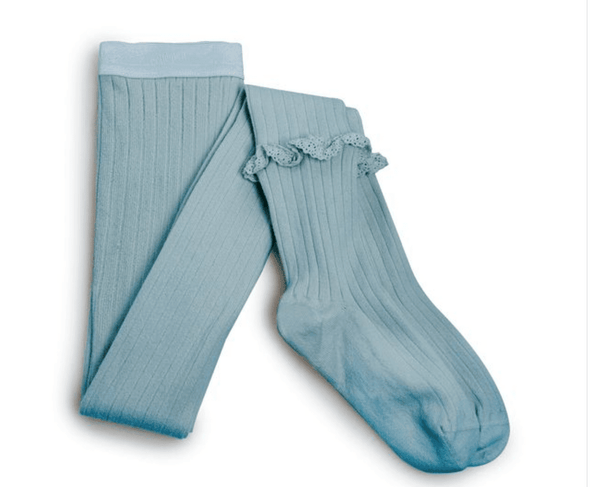 Collegien,Chloe Ribbed Tights with Ruffle, Bleu Azur,CouCou,Girl Shoes, Socks & Tights