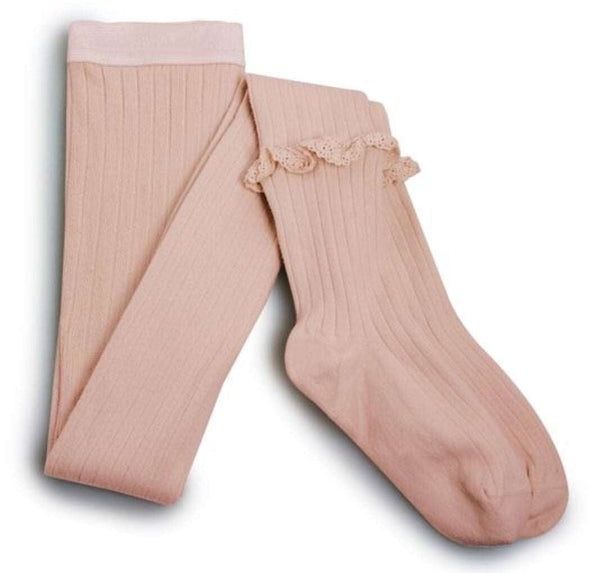 Collegien,Chloe Ribbed Tights with Ruffle, Vieux Rose,CouCou,Girl Shoes, Socks & Tights