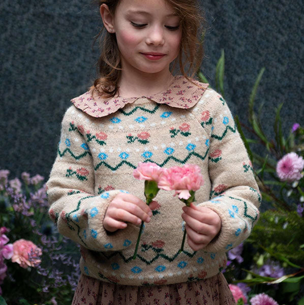 Emile et Ida,Jacquard Roses Sweater in Beige,CouCou,Girl Clothes
